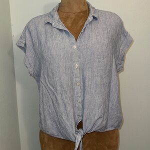 Weatherproof Vintage Tie Front Top, Washable Linen, Blue Striped, Women’s Sz XL